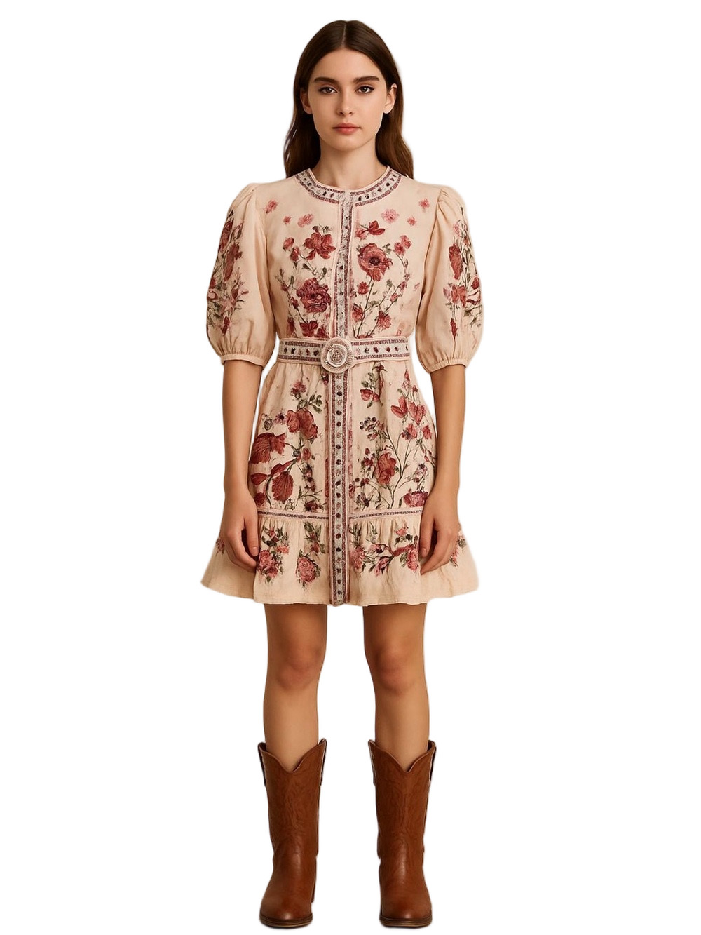Caroline Constas Cream Multi Colored Embroidered Belted Midi Dress Western Med
